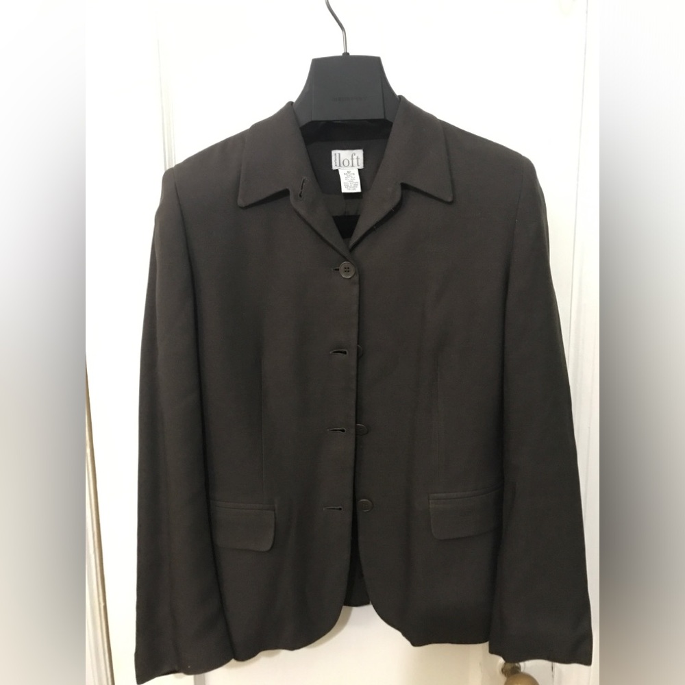 Vintage brown Ann Taylor loft womens silk wool suit jacket button 8P collegiate